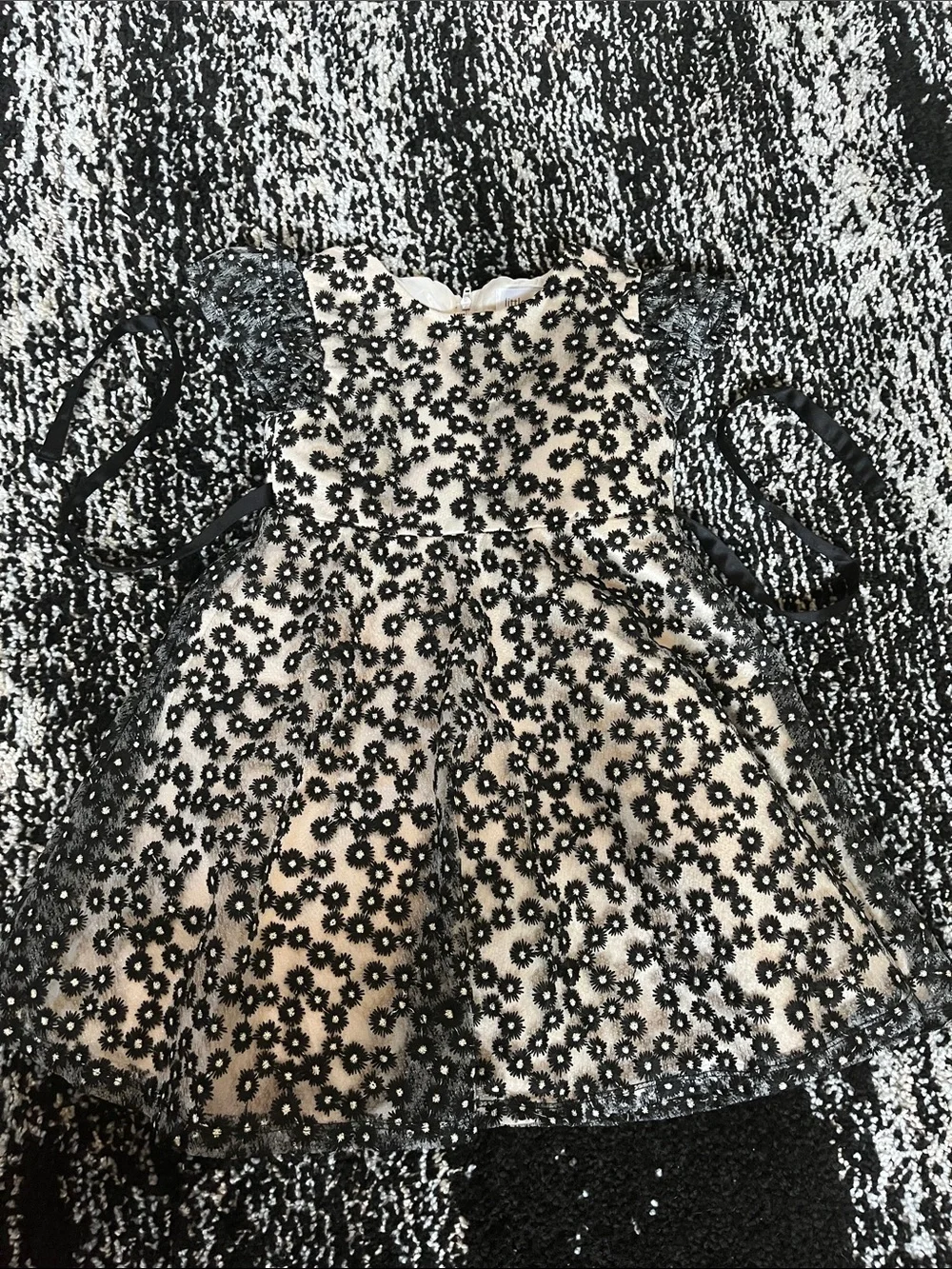 Girls Cream Dress with Black Floral Lace Overlay